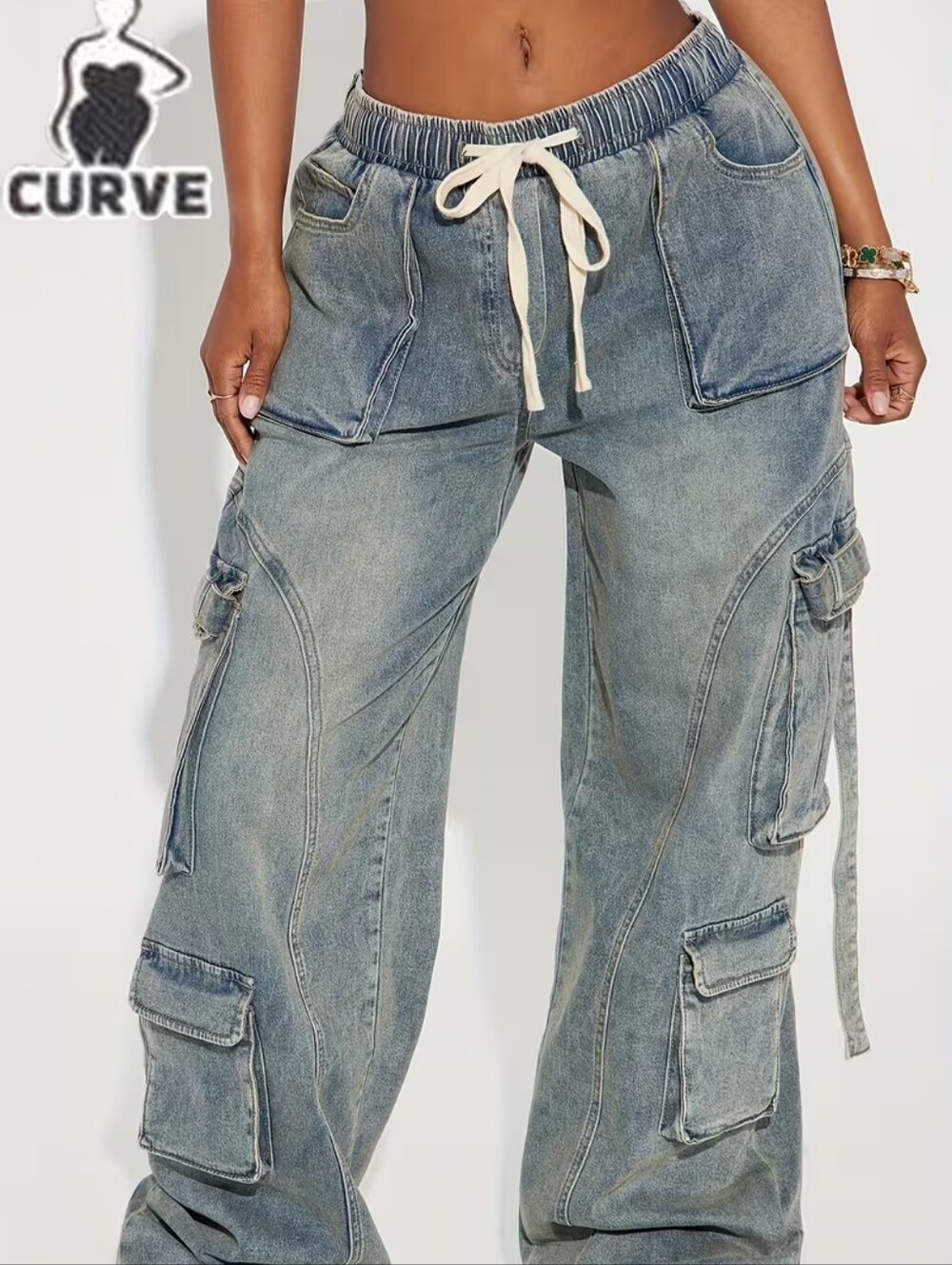 Curve Washed Drawstring Denim Cargo Pants Large